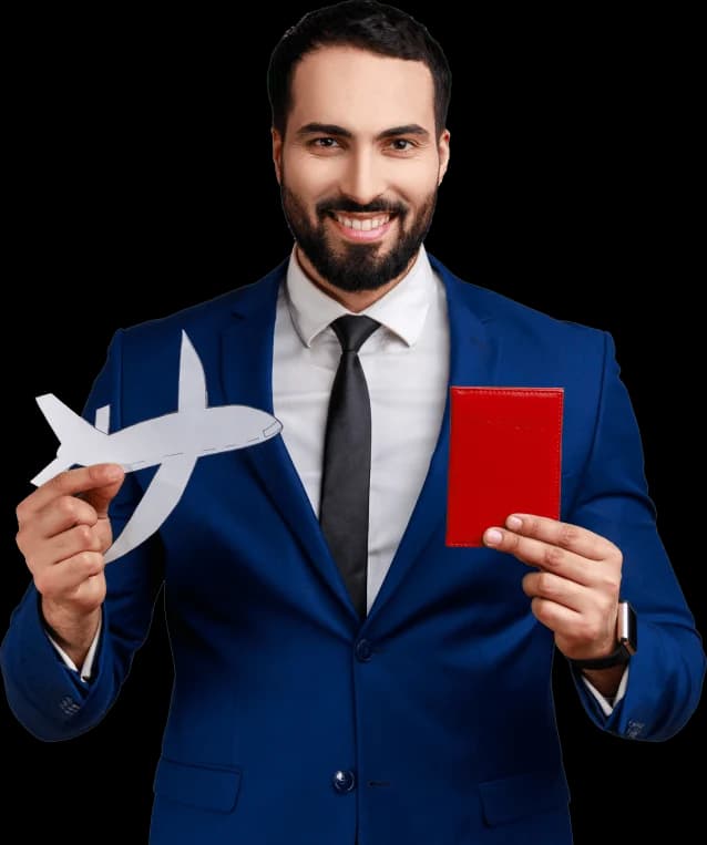 Traveler holding a passport and model airplane